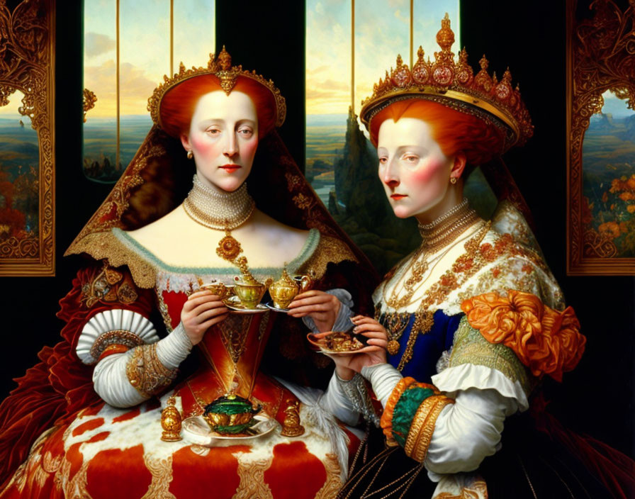 Elaborately dressed historical women with chalice and jewelry box in landscape