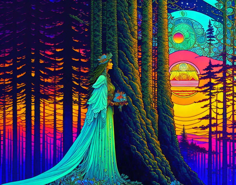 Colorful Forest Illustration: Woman in Flowing Dress with Tree Trunk