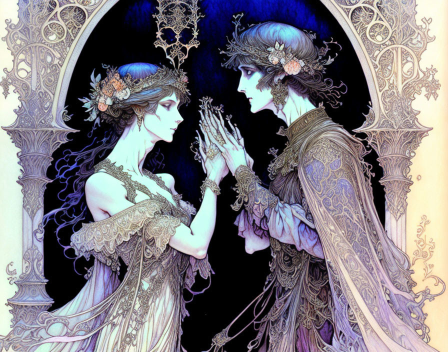 Elegantly dressed figures with elaborate headpieces in front of ornate archway backdrop