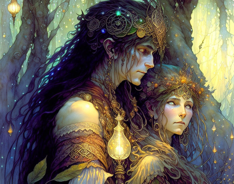 Detailed illustration: Elven couple in mystical forest with ornate jewelry & glowing lanterns