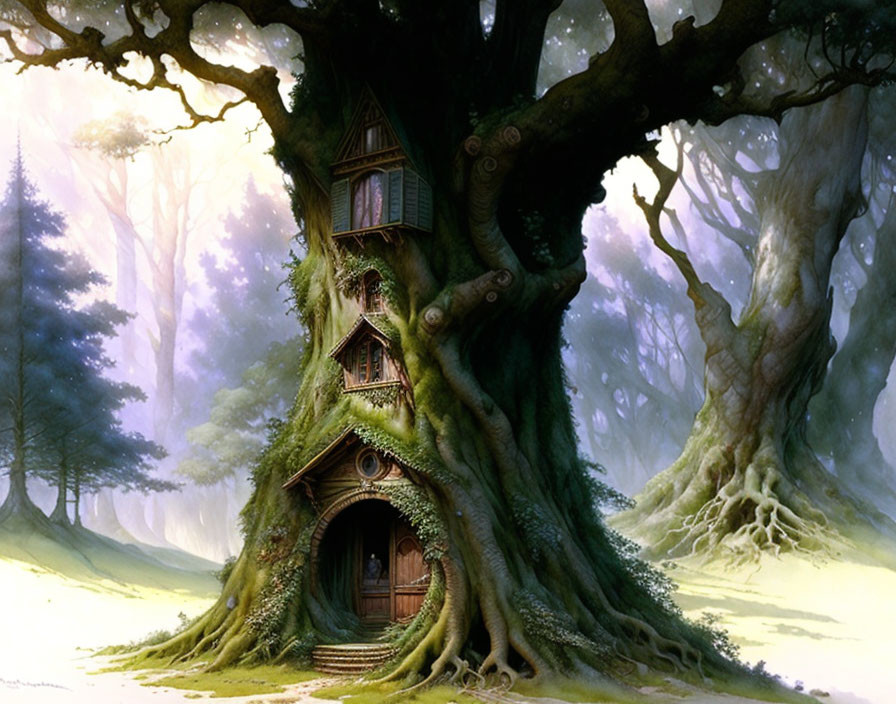 Detailed Illustration of Large Tree with Intricate House in Serene Forest