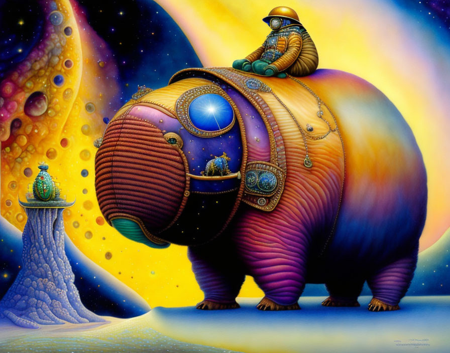 Colorful Illustration: Person in Spacesuit on Mechanical Hippo in Cosmic Setting