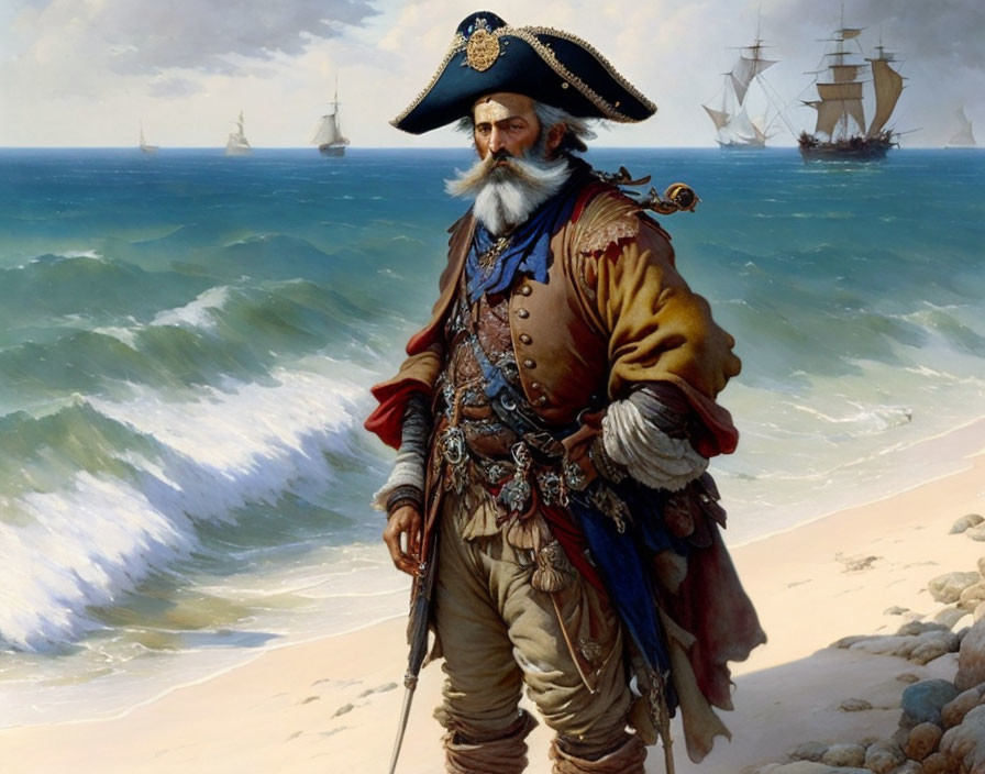 Pirate painting with tricorn hat on beach with ships