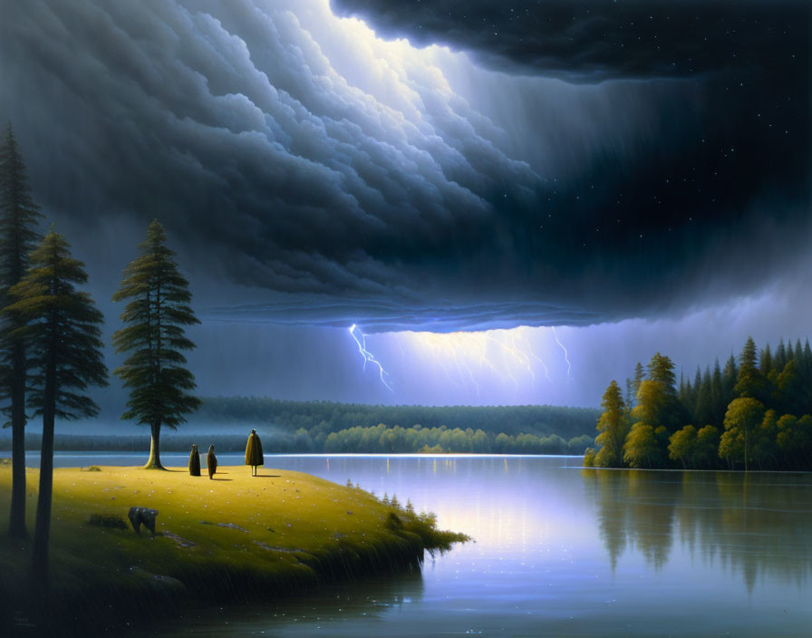 Nighttime lakeside scene with lightning, bear, and monks on grassy bank