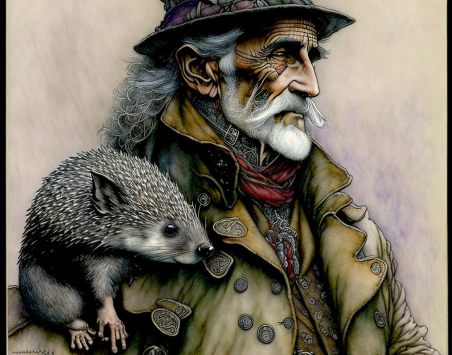 Elderly gentleman with white beard holding a hedgehog in decorative attire