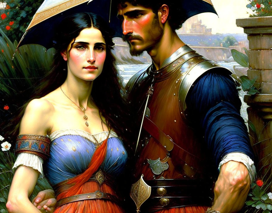 Medieval couple painting: woman with parasol, blue dress; man in armor, both gazing