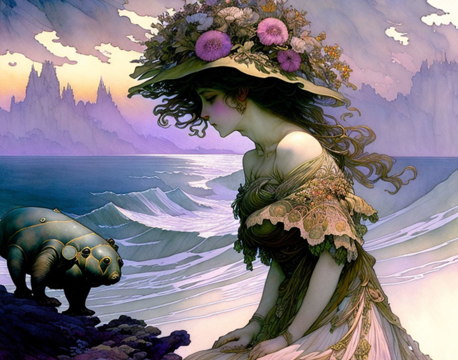 Woman in flowing gown by the sea with fantastical creature, mountains, and purple sky