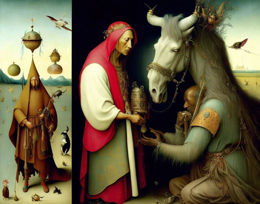 Surreal painting: Elderly figure in red offers coin to kneeling armored man beside placid unicorn