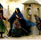 Fantasy characters in medieval attire sword duel in mystical setting with lanterns and green fog