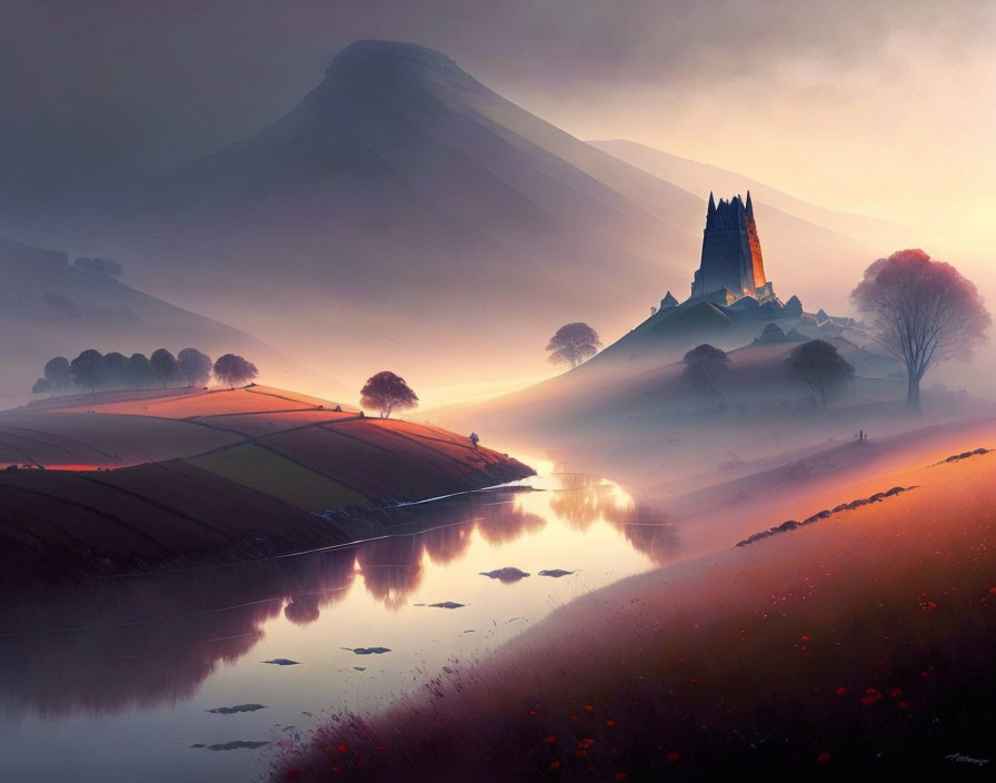 Serene landscape with castle, misty mountains, reflective river, and fields.