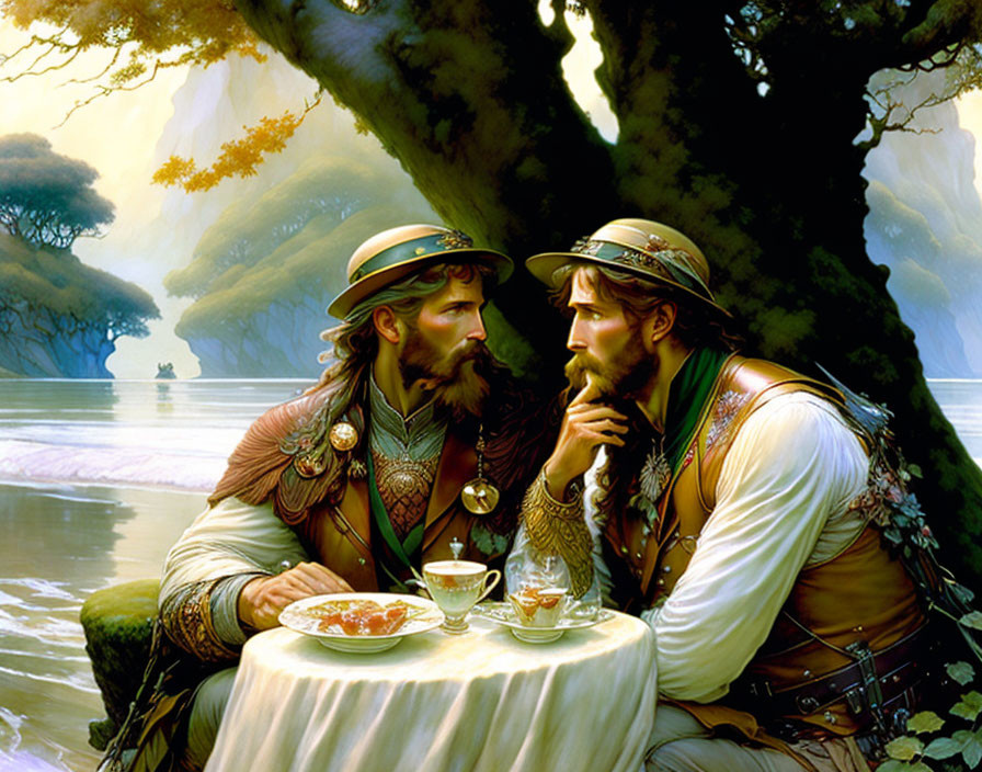 Men in Renaissance attire having contemplative conversation by serene lake