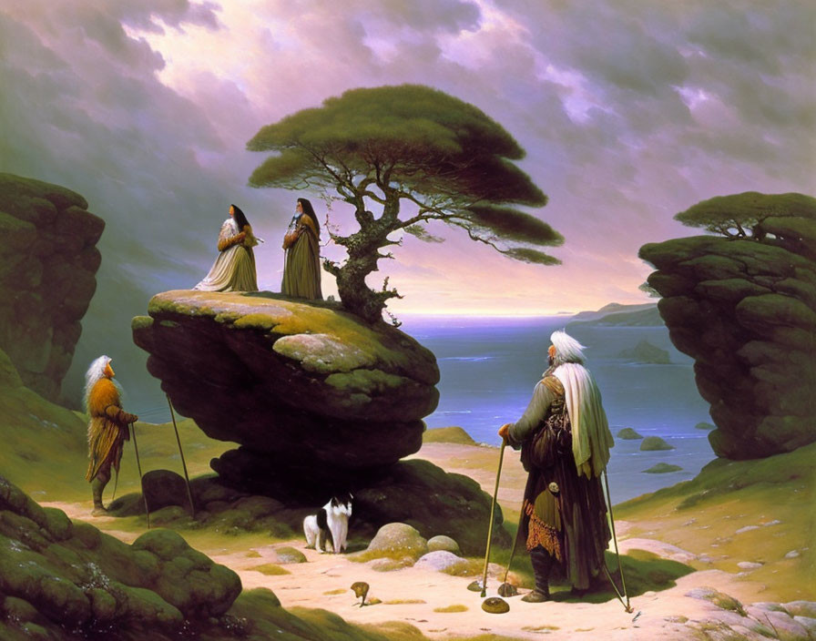 Fantastical landscape with robed figures, cat, tree, sea, rocks, and sky