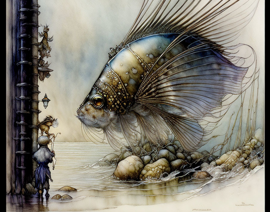 Detailed surreal illustration of tiny person and large fish in dreamlike waterscape