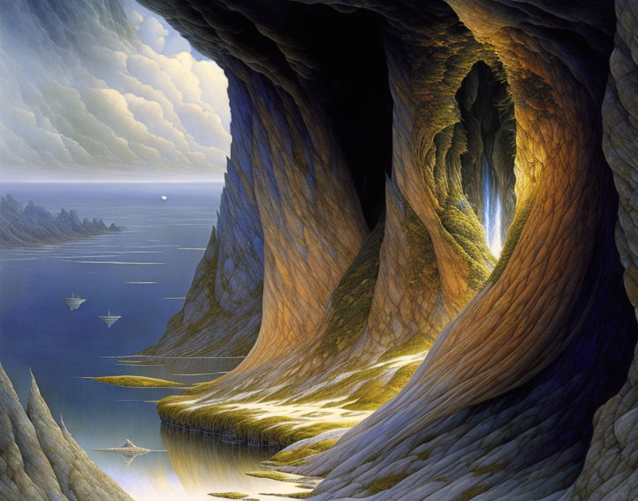 Fantasy seascape with boats and serene ocean viewed from cavernous opening