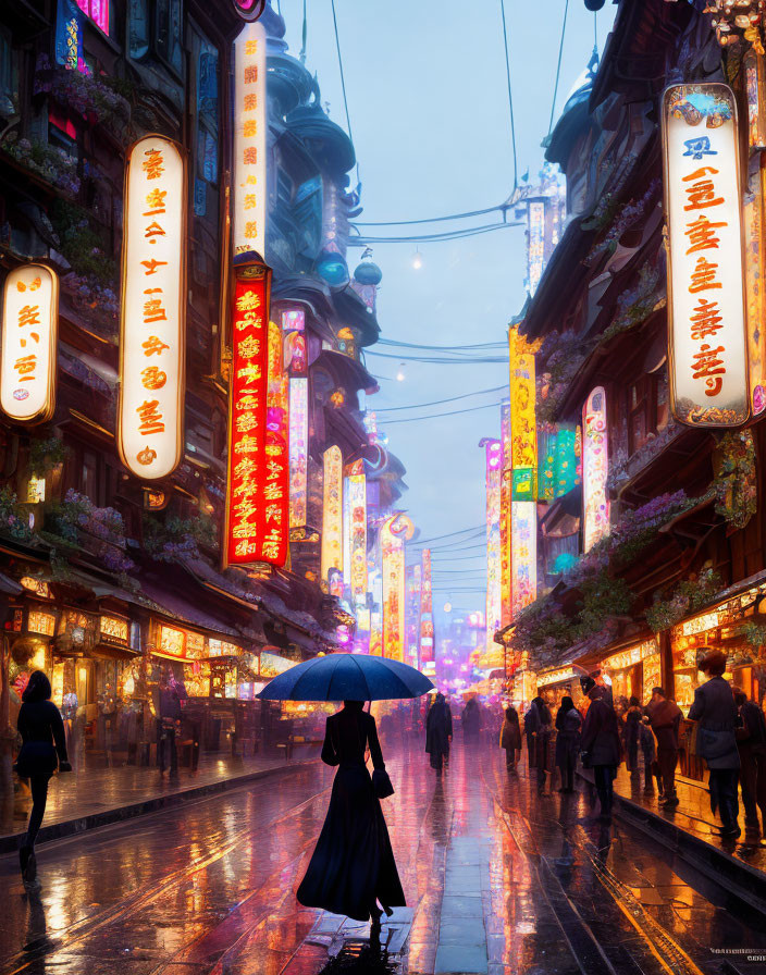 Vibrant neon-lit street scene in historical Asian cityscape