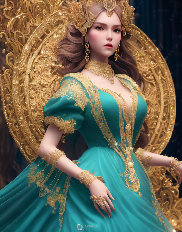 Detailed illustration of woman in teal and gold gown with intricate patterns