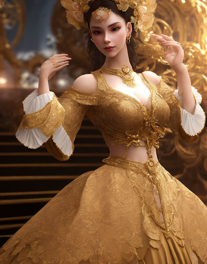 Regal figure in golden gown with ornate headpiece poses elegantly