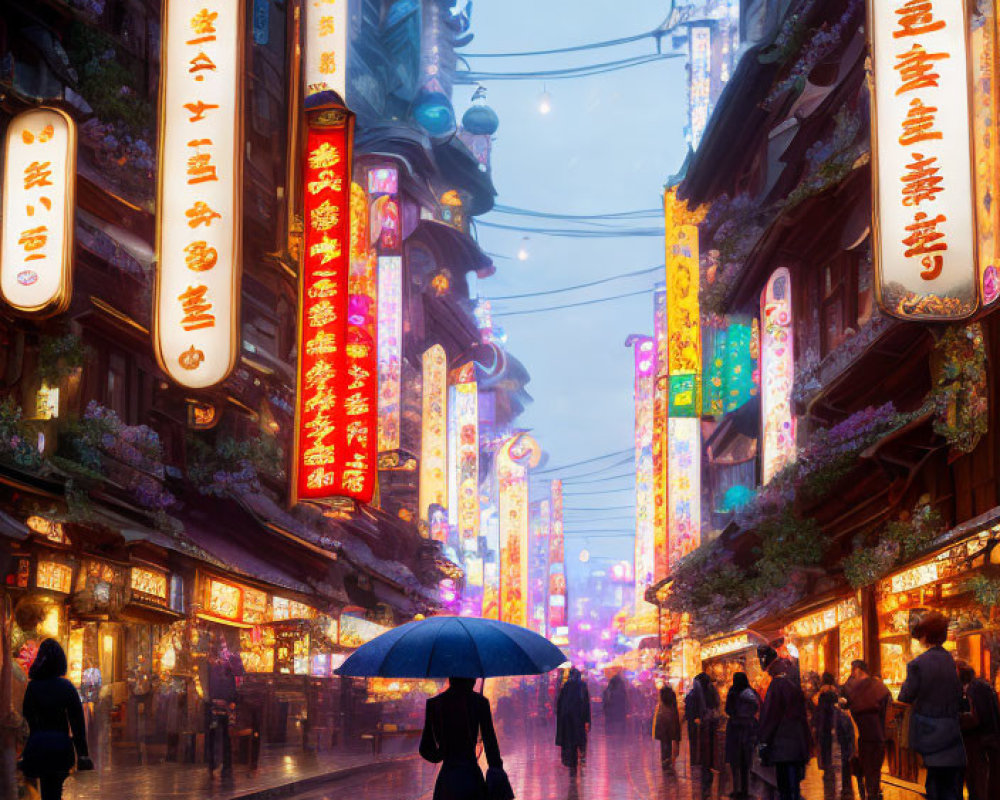 Vibrant neon-lit street scene in historical Asian cityscape