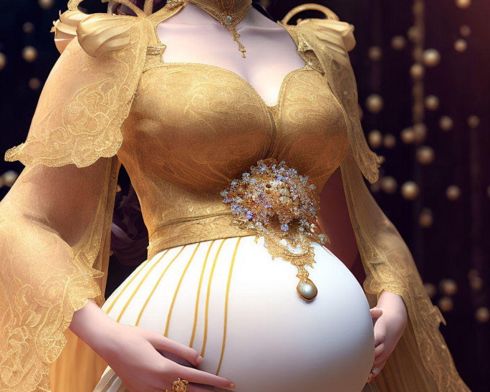 Elaborate yellow gown with jeweled bodice and cape