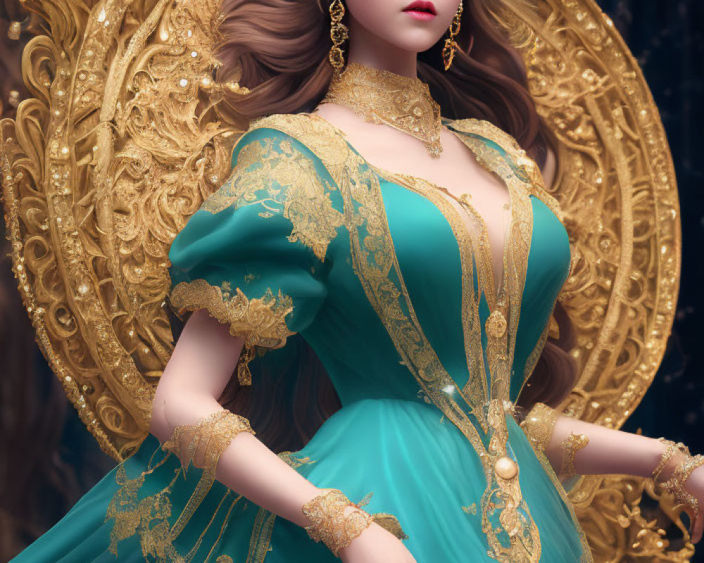 Detailed illustration of woman in teal and gold gown with intricate patterns