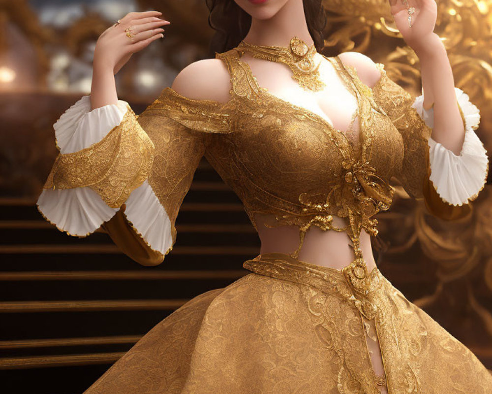 Regal figure in golden gown with ornate headpiece poses elegantly