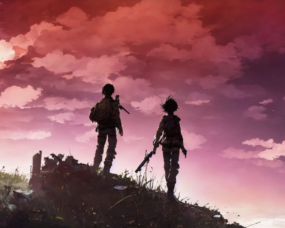 Silhouetted figures on hill with rifle under dramatic sky