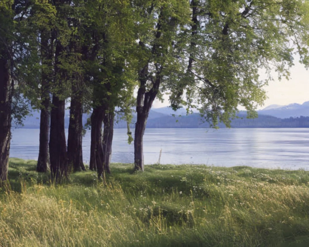 Tranquil Lake Scene: Green Trees, Mountains, Clear Sky