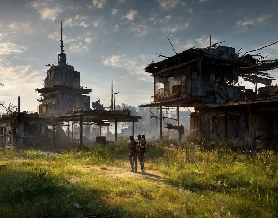 Two people with backpacks in field of dilapidated buildings under hazy sky