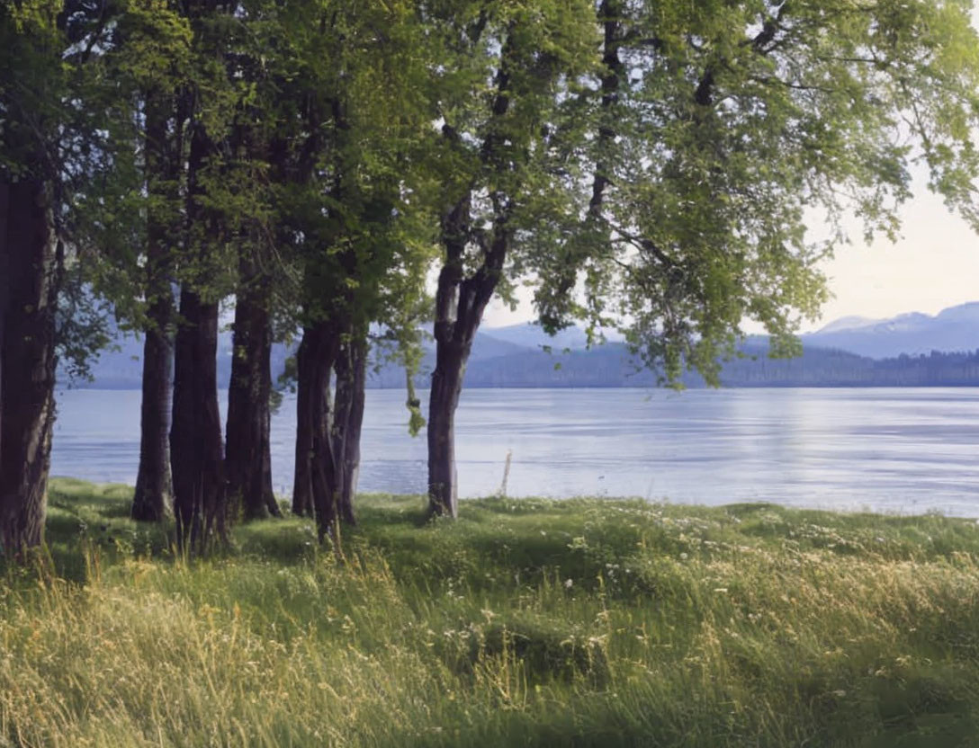 Tranquil Lake Scene: Green Trees, Mountains, Clear Sky