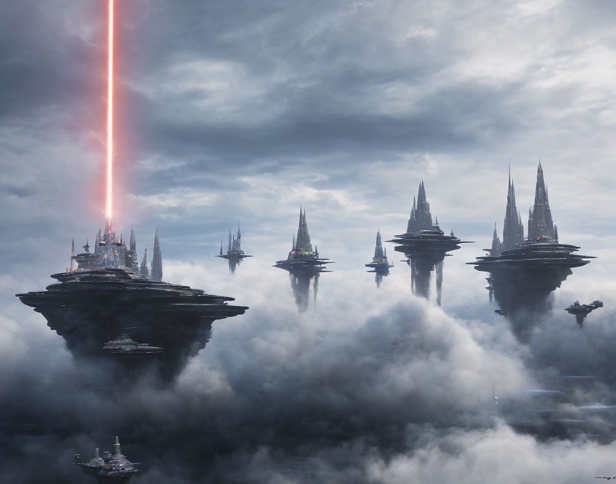 Futuristic starships above clouds, one firing red beam