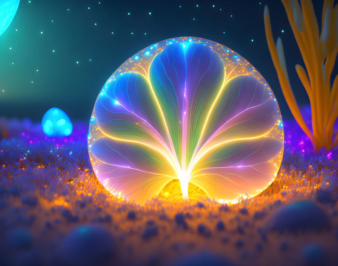 Colorful Underwater Scene with Glowing Shell and Flora