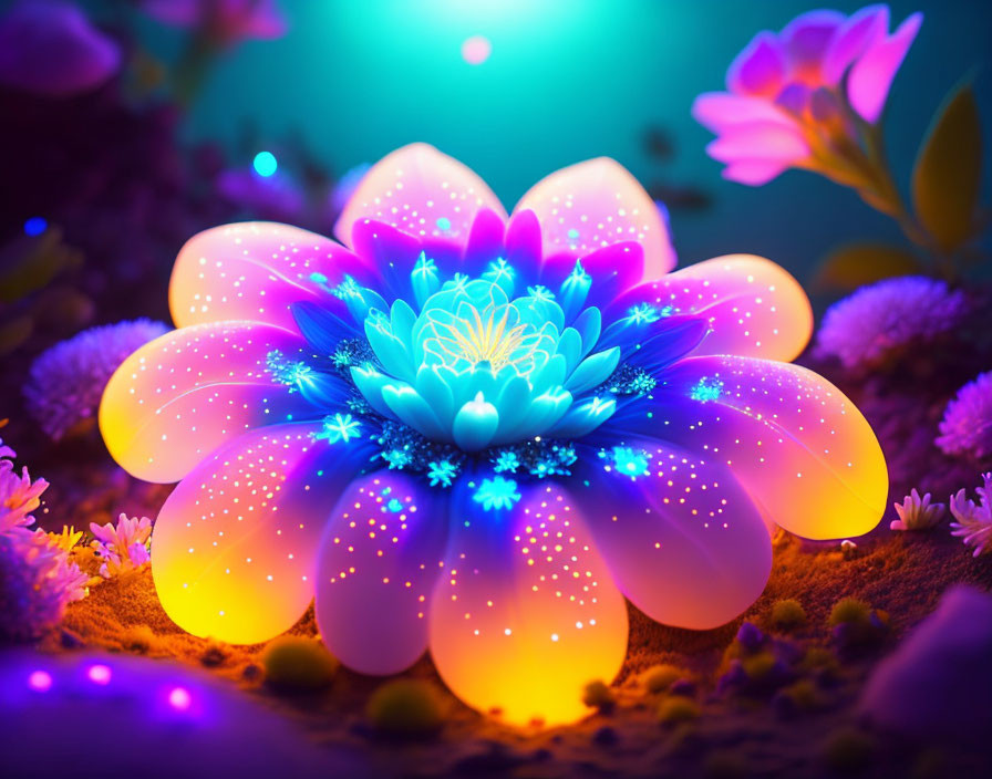 Neon-colored illuminated flower on dark blue background