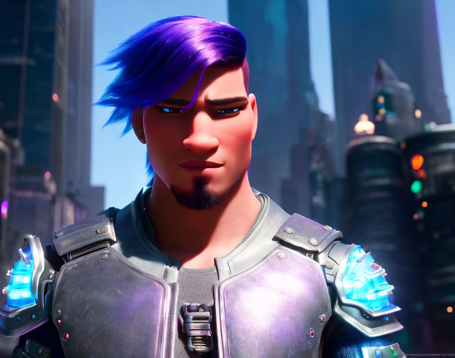 Blue-haired 3D animated character in futuristic armor in neon-lit cityscape