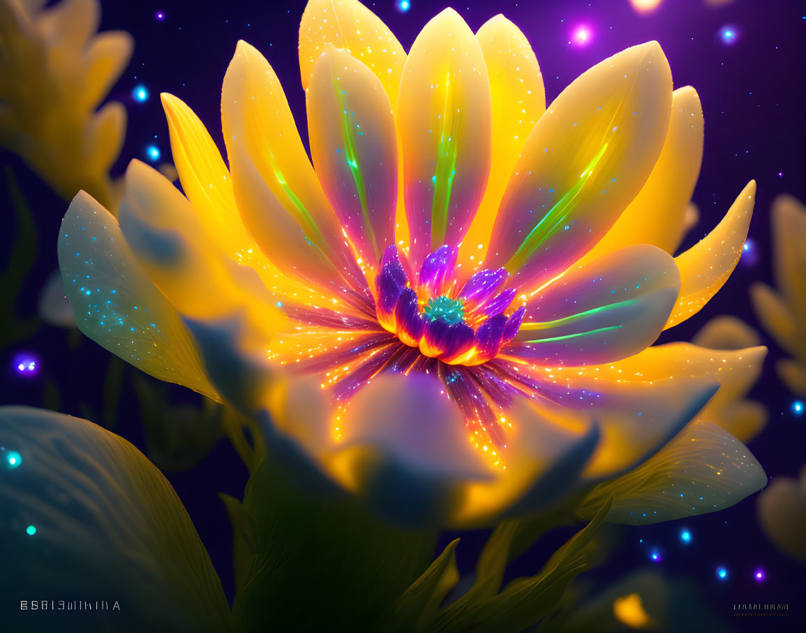 Vibrant digital art: Yellow and orange flower on starry night.