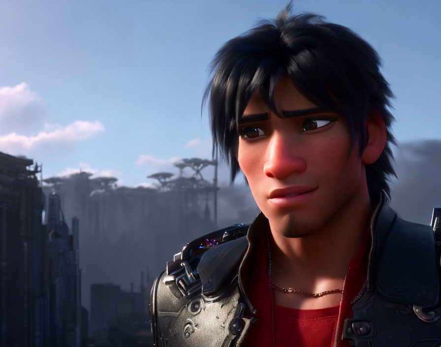 Young male character with black hair in leather jacket against cityscape.