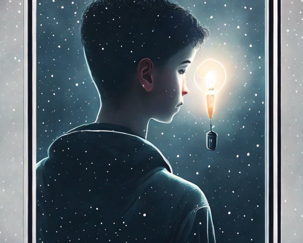 Young person contemplating by snowy window with illuminated lightbulb