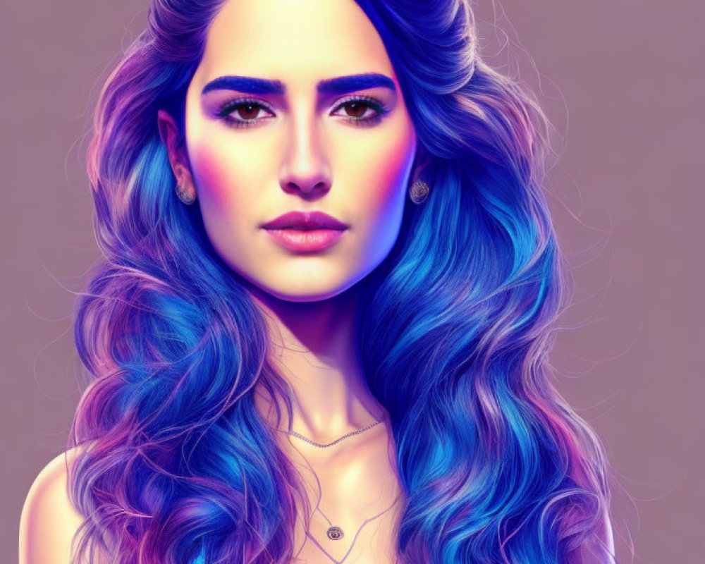 Detailed digital artwork of a woman with blue and purple flowing hair and intricate facial features.