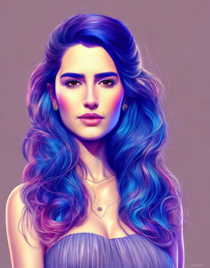 Detailed digital artwork of a woman with blue and purple flowing hair and intricate facial features.