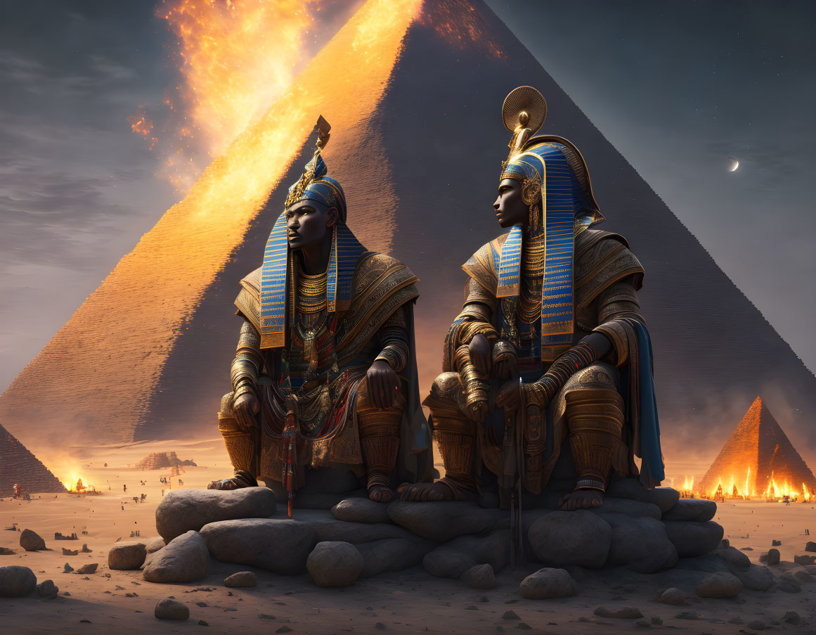 Ancient Egyptian royal figures amid pyramids and fiery explosion.