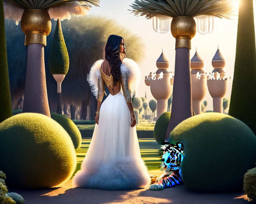 Woman in white dress in fantastical garden with green topiaries and ethereal castles