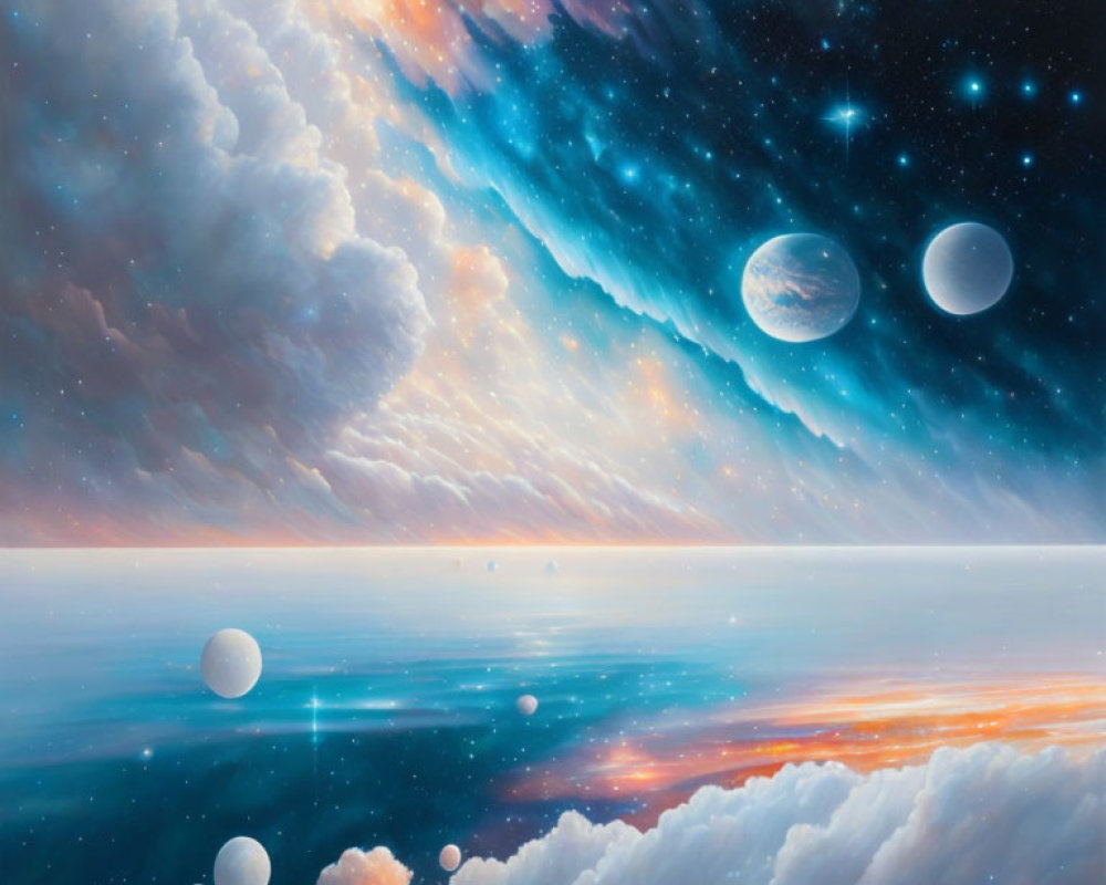 Cosmic landscape with stars, planets, and serene water reflection