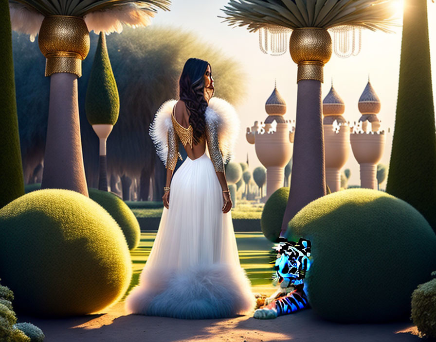 Woman in white dress in fantastical garden with green topiaries and ethereal castles