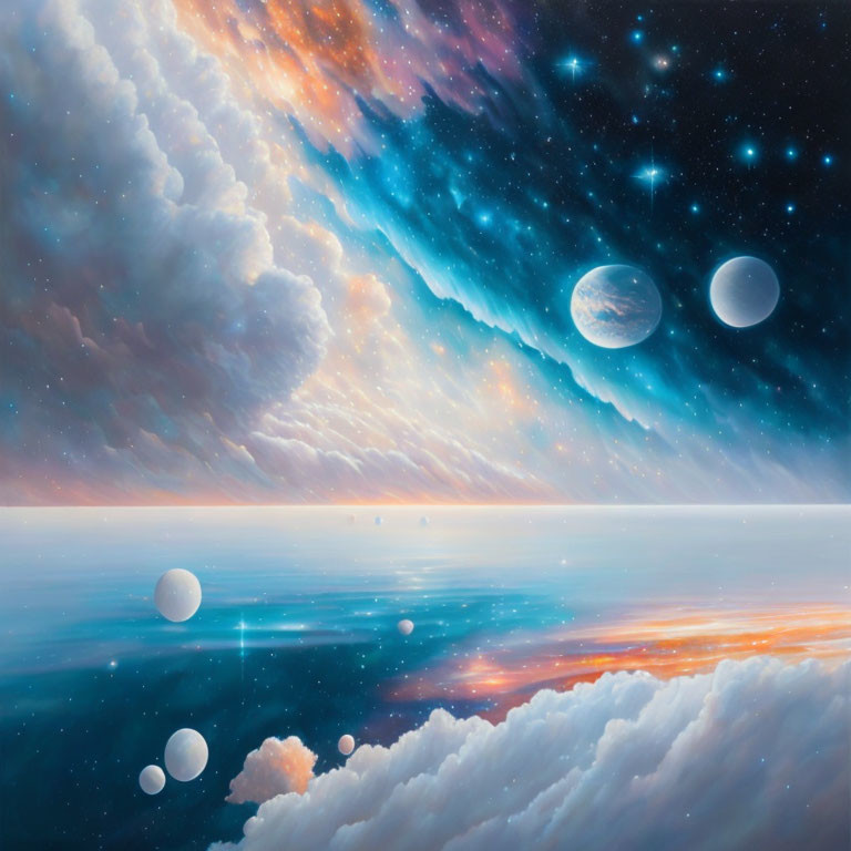 Cosmic landscape with stars, planets, and serene water reflection