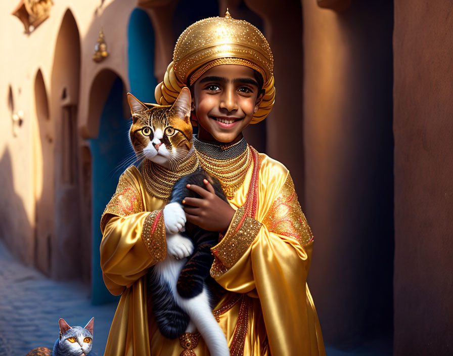 Child in golden attire holds tabby cat in sunlit alleyway