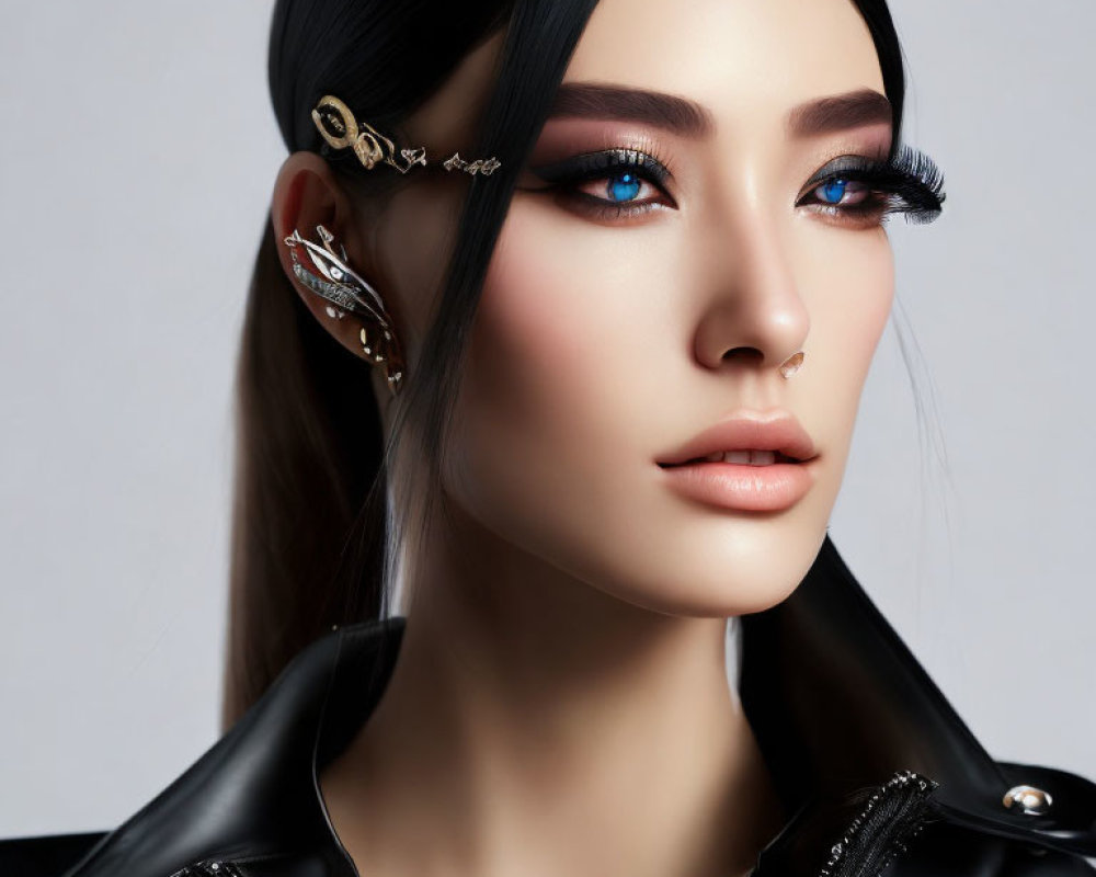 Portrait of Woman with Blue Eyes, Black Hair, Unique Jewelry, and Leather Jacket