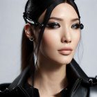 Portrait of Woman with Blue Eyes, Black Hair, Unique Jewelry, and Leather Jacket