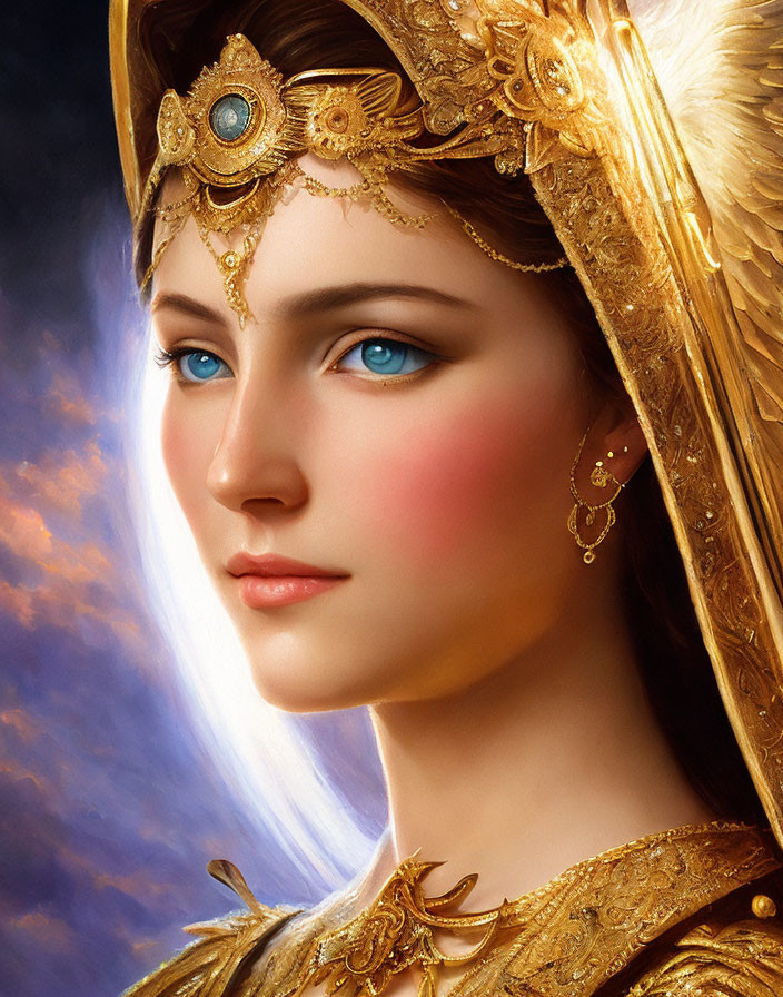 Woman with Blue Eyes and Golden Headpiece in Twilight Sky Setting