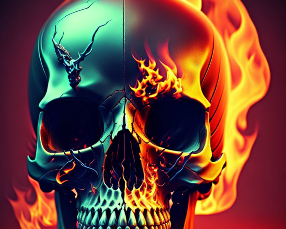 Skull digital artwork with blue-to-orange gradient and fiery flames.