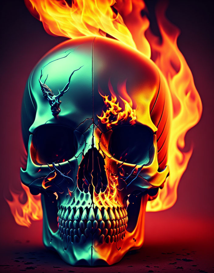 Skull digital artwork with blue-to-orange gradient and fiery flames.