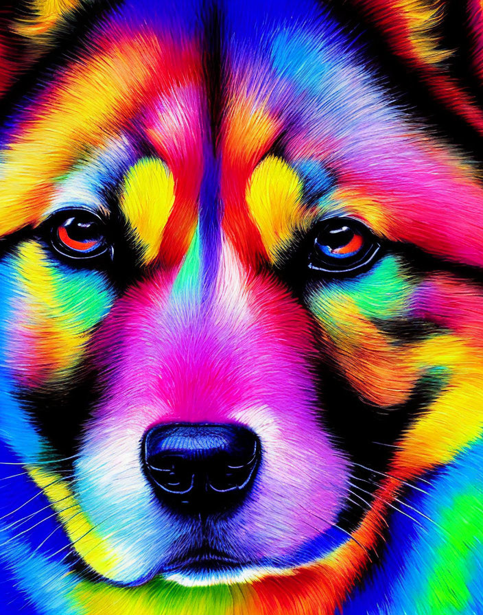 Colorful digital painting of a dog with multicolored fur and red eyes